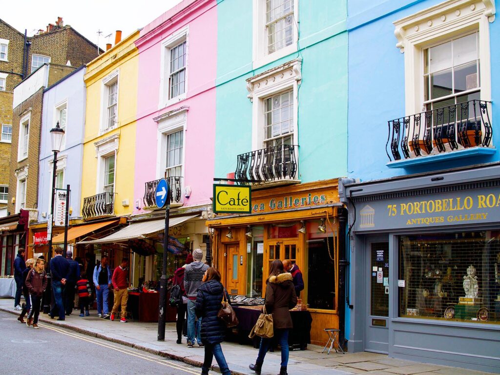 Pastel-coloured shopfronts of Portobello Road in Notting Hill
