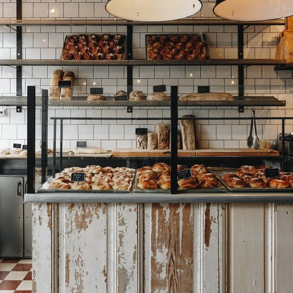 The Rustic interiors of Fabrique bakery on Portobello Road with freshly baked buns on show.